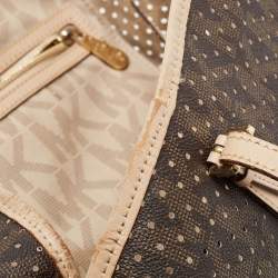 Pre Owned MICHAEL Michael Kors Dark Brown Signature Perforated Coated Canvas Large Jet Set Travel Tote
