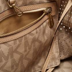 Pre Owned MICHAEL Michael Kors Dark Brown Signature Perforated Coated Canvas Large Jet Set Travel Tote