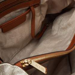 Pre Owned MICHAEL Michael Kors White/Brown Signature Coated Canvas and Leather Medium Cynthia Tote