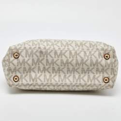 Pre Owned MICHAEL Michael Kors White/Brown Signature Coated Canvas and Leather Medium Cynthia Tote