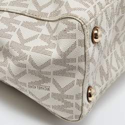 Pre Owned MICHAEL Michael Kors White/Brown Signature Coated Canvas and Leather Medium Cynthia Tote