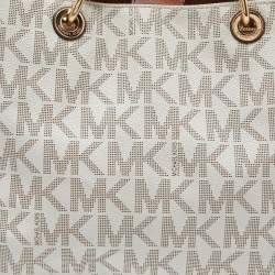 Pre Owned MICHAEL Michael Kors White/Brown Signature Coated Canvas and Leather Medium Cynthia Tote