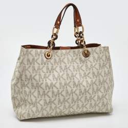 Pre Owned MICHAEL Michael Kors White/Brown Signature Coated Canvas and Leather Medium Cynthia Tote