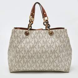 Pre Owned MICHAEL Michael Kors White/Brown Signature Coated Canvas and Leather Medium Cynthia Tote