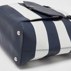 Pre Owned MICHAEL Michael Kors Blue/White Stripe Leather Jet Set Snap Pocket Tote