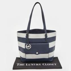 Pre Owned MICHAEL Michael Kors Blue/White Stripe Leather Jet Set Snap Pocket Tote