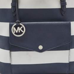 Pre Owned MICHAEL Michael Kors Blue/White Stripe Leather Jet Set Snap Pocket Tote