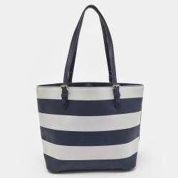 Pre Owned MICHAEL Michael Kors Blue/White Stripe Leather Jet Set Snap Pocket Tote