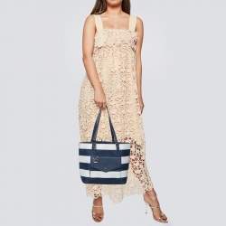 Pre Owned MICHAEL Michael Kors Blue/White Stripe Leather Jet Set Snap Pocket Tote