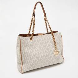 مملوكة مسبقًا MICHAEL Michael Kors Vanilla/Brown Signature Coated Canvas and Leather Tote