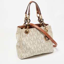 Pre Owned MICHAEL Michael Kors White/Brown Signature Coated and Leather Canvas Cynthia Tote