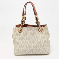 Pre Owned MICHAEL Michael Kors White/Brown Signature Coated and Leather Canvas Cynthia Tote
