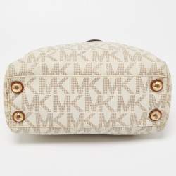 Pre Owned MICHAEL Michael Kors White/Brown Signature Coated and Leather Canvas Cynthia Tote