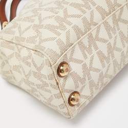 Pre Owned MICHAEL Michael Kors White/Brown Signature Coated and Leather Canvas Cynthia Tote