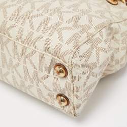 Pre Owned MICHAEL Michael Kors White/Brown Signature Coated and Leather Canvas Cynthia Tote