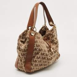 MICHAEL Michael Kors Beige/Brown Signature Canvas and Leather Sided Pocket Bag