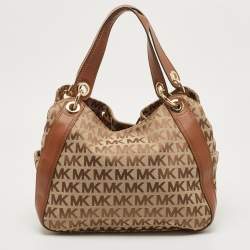 MICHAEL Michael Kors Beige/Brown Signature Canvas and Leather Sided Pocket Bag
