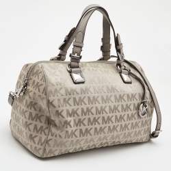 Pre Owned MICHAEL Michael Kors Grey Signature Coated Canvas and Leather Grayson Boston Bag