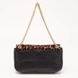 Pre Owned MICHAEL Michael Kors Black/Brown Leopard Calfhair and Leather Buckle Flap Shoulder Bag