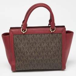 مملوكة مسبقًا MICHAEL Michael Kors Brown/Red Signature Coated Canvas and Leather Tina Satchel