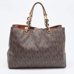 Pre Owned MICHAEL Michael Kors Brown Signature Coated Canvas and Leather Medium Cynthia Tote