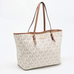 مملوكة مسبقًا MICHAEL Michael Brown/Off White Signature Coated Canvas Large Jet Set Travel Tote