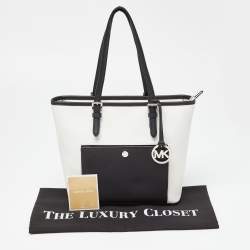 Pre Owned MICHAEL Michael Kors White/Black Leather Jet Set Snap Pocket Tote