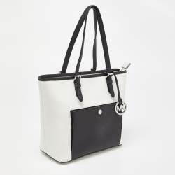 Pre Owned MICHAEL Michael Kors White/Black Leather Jet Set Snap Pocket Tote