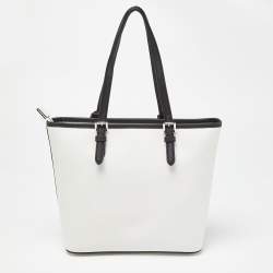 Pre Owned MICHAEL Michael Kors White/Black Leather Jet Set Snap Pocket Tote