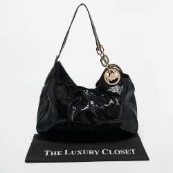 MICHAEL Michael Kors Black Snakeskin Embossed Leather Fulton Slouchy Hobo