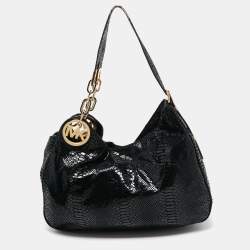 MICHAEL Michael Kors Black Snakeskin Embossed Leather Fulton Slouchy Hobo