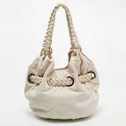 Pre Owned MICHAEL Michael Kors White Leather Woven Drawstring Hobo