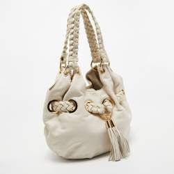 Pre Owned MICHAEL Michael Kors White Leather Woven Drawstring Hobo