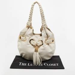 Pre Owned MICHAEL Michael Kors White Leather Woven Drawstring Hobo