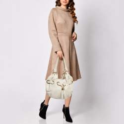 Pre Owned MICHAEL Michael Kors White Leather Woven Drawstring Hobo