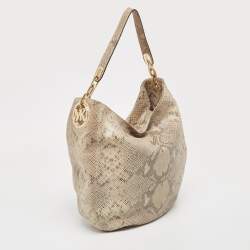 Pre Owned MICHAEL Michael Kors Beige Python Effect Suede Fulton Hobo