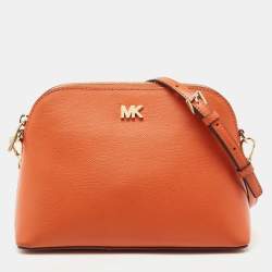 Pre Owned MICHAEL Michael Kors Orange Leather Medium Logo Dome Crossbody Bag