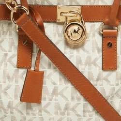 Pre Owned MICHAEL Michael Kors Brown/White Signature Coated Canvas Large Hamilton North South Tote