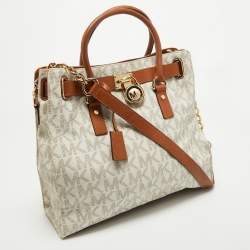 Pre Owned MICHAEL Michael Kors Brown/White Signature Coated Canvas Large Hamilton North South Tote