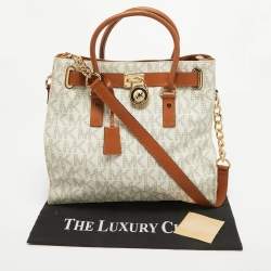 Pre Owned MICHAEL Michael Kors Brown/White Signature Coated Canvas Large Hamilton North South Tote