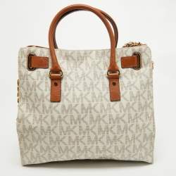 Pre Owned MICHAEL Michael Kors Brown/White Signature Coated Canvas Large Hamilton North South Tote
