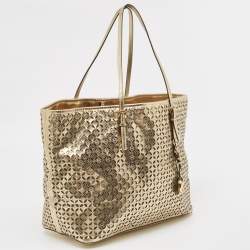 Pre Owned MICHAEL Michael Kors Gold Laser Cut Leather Jet Set Travel Tote