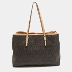 مملوكة مسبقًا MICHAEL Michael Kors Dark Brown Signature Coated Canvas Large Jet Set Travel Tote