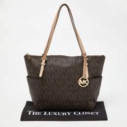 Pre Owned MICHAEL Michael Kors Brown Signature Coated Canvas and Leather East West Zip Tote