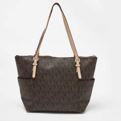 Pre Owned MICHAEL Michael Kors Brown Signature Coated Canvas and Leather East West Zip Tote