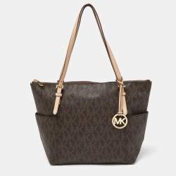 Pre Owned MICHAEL Michael Kors Brown Signature Coated Canvas and Leather East West Zip Tote