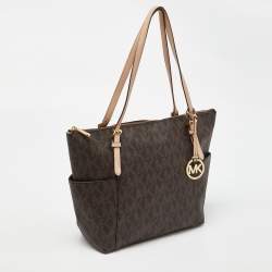 Pre Owned MICHAEL Michael Kors Brown Signature Coated Canvas and Leather East West Zip Tote