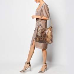 Michael Kors Brown/Black Python Embossed Patent Leather Tassel Hobo