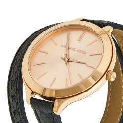 Pre Owned Michael Kors Champagne Rose Gold Plated Stainless Steel Leather Slim Runway MK2322 Woman's Wristwatch 42 mm