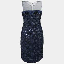 Mikael Aghal Navy Blue Rosette Applique Embellished Sheer Yoke Sleeveless Dress S